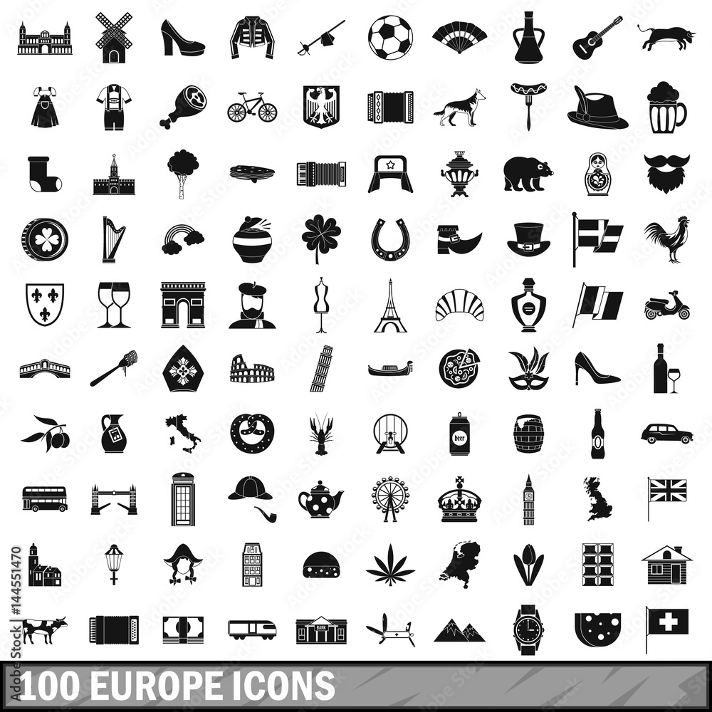 100 Europe icons set, simple style 100 Europe icons set, simple style