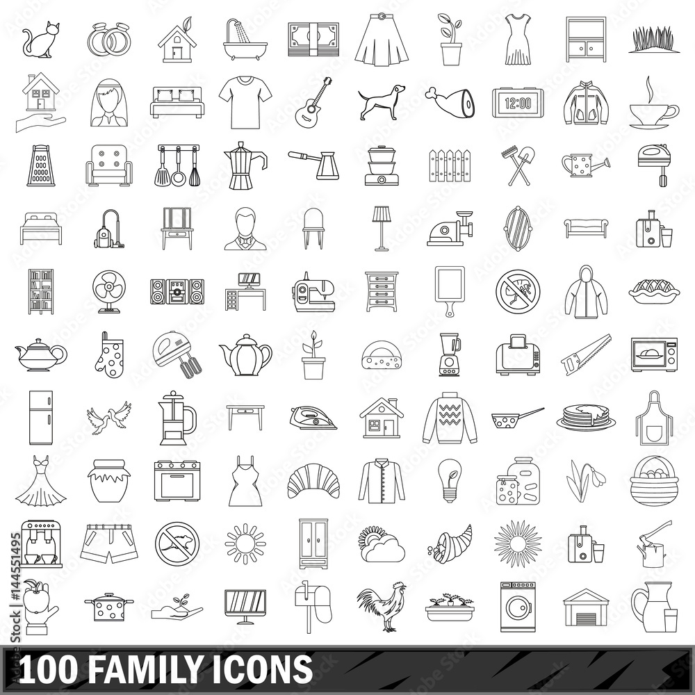 100 family icons set, outline style 100 family icons set, outline style
