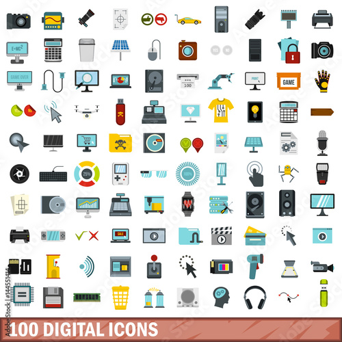 100 digital icons set, flat style