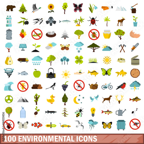 100 environmental icons set, flat style