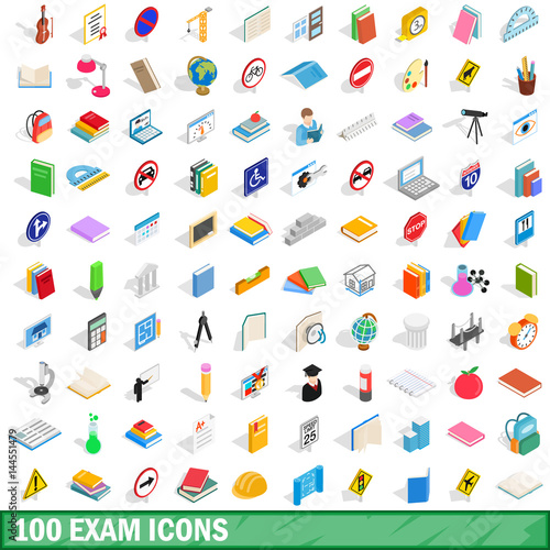 100 exam icons set, isometric 3d style