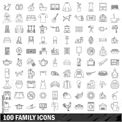 100 family icons set, outline style