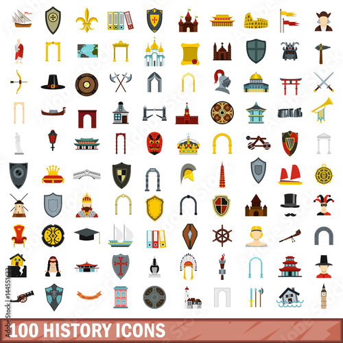 100 history icons set, flat style