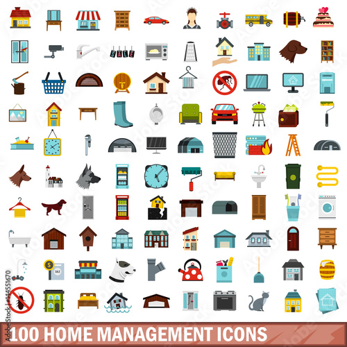 100 home management icons set, flat style