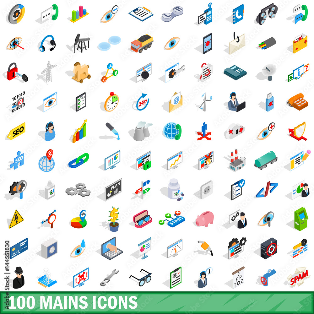 100 mains icons set, isometric 3d style 100 mains icons set, isometric 3d style