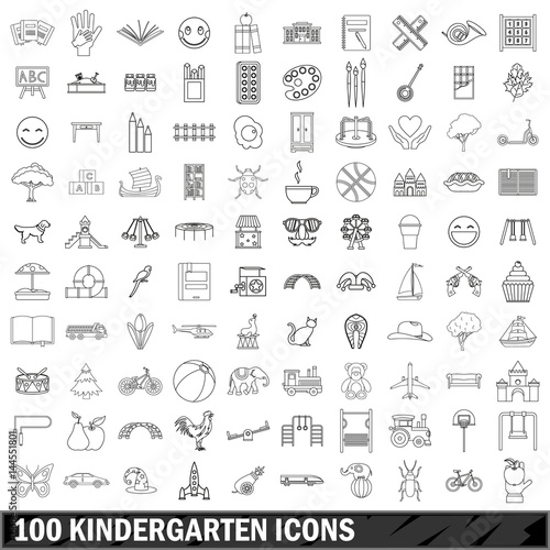 100 kindergarten icons set, outline style