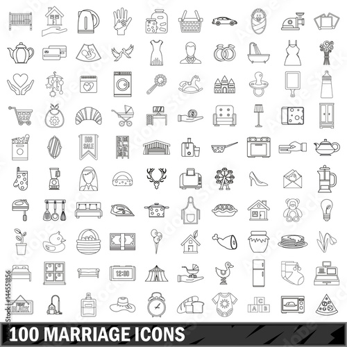 100 marriage icons set, outline style