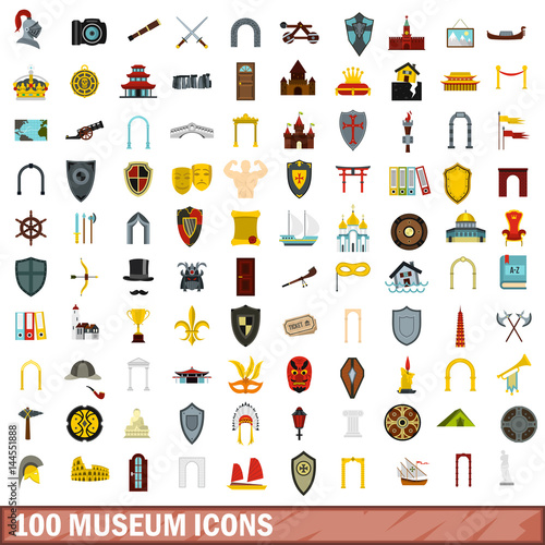 100 museum icons set, flat style