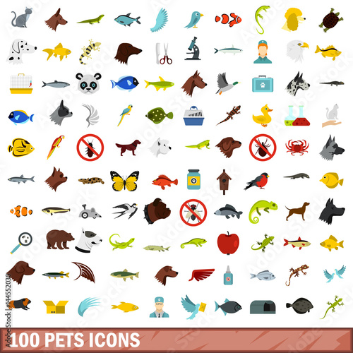 Fototapeta Naklejka Na Ścianę i Meble -  100 pets icons set, flat style