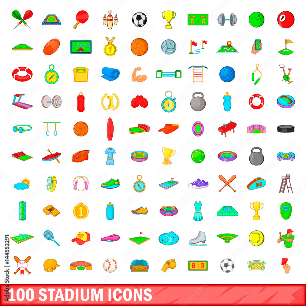 100 stadium icons set, cartoon style 100 stadium icons set, cartoon style