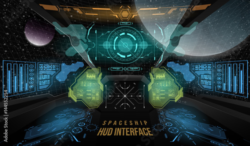 View from the cockpit spaceship. Head-up display elements for the Spaceship interface. Template UI for app and virtual reality.