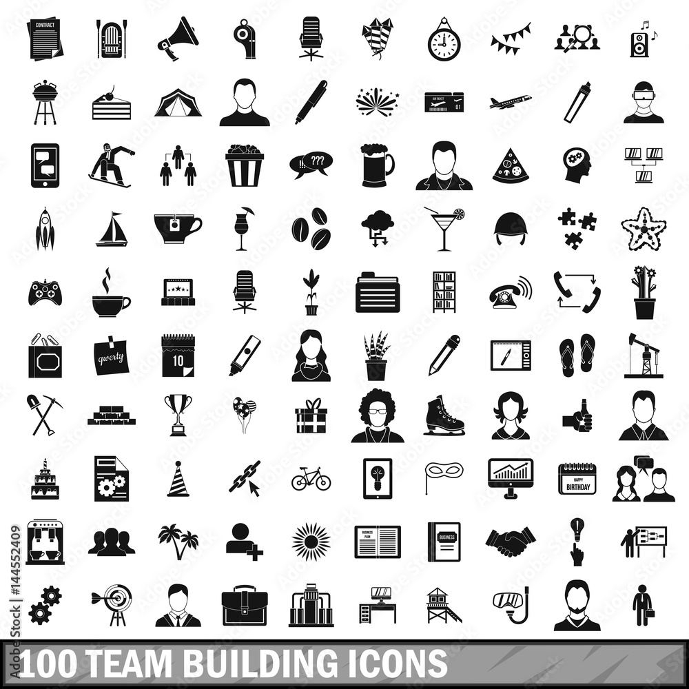 100 team building icons set, simple style 