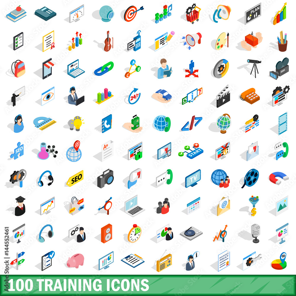 100 training icons set, isometric 3d style 100 training icons set, isometric 3d style