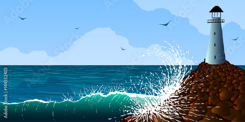 Vector illustration. Lighthouse on a rock near the ocean shore.