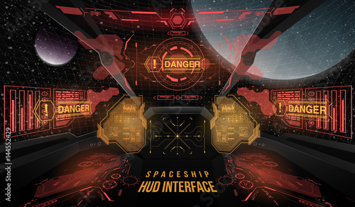 View from the cockpit spaceship. Head-up display elements for the Spaceship interface. Template UI for app and virtual reality.