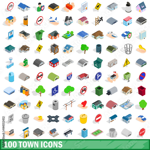 100 town icons set, isometric 3d style