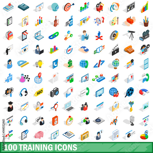 100 training icons set, isometric 3d style