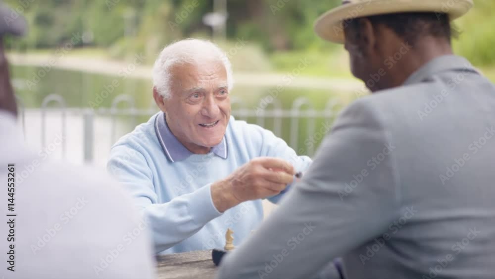 Portrait smiling senior man playing chess in the park with a friend Portrait smiling senior man playing chess in the park with a friend