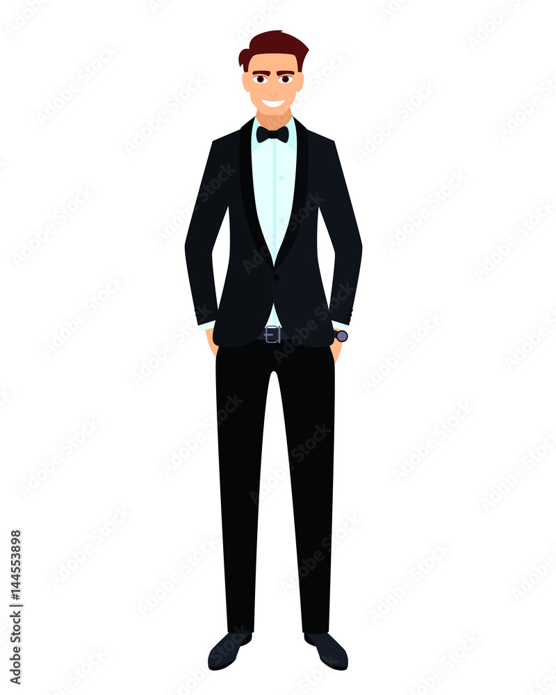 Young smiling man in a black tuxedo. Flat design. Vector illustration Young smiling man in a black tuxedo. Flat design. Vector illustration