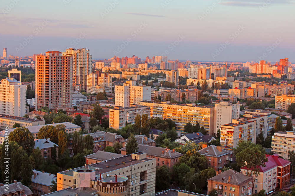 Dormitory area of Kyiv city on the beautiful sunset, Ukraine