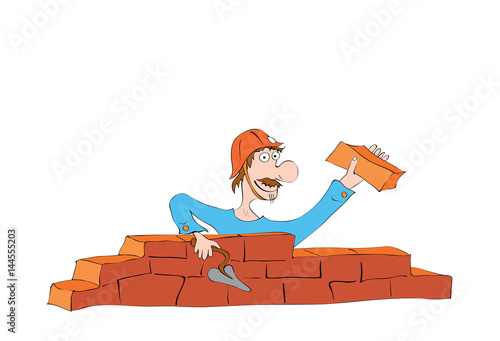 construction work/ hilarious mustached builder in a helmet laying a wall of bricks