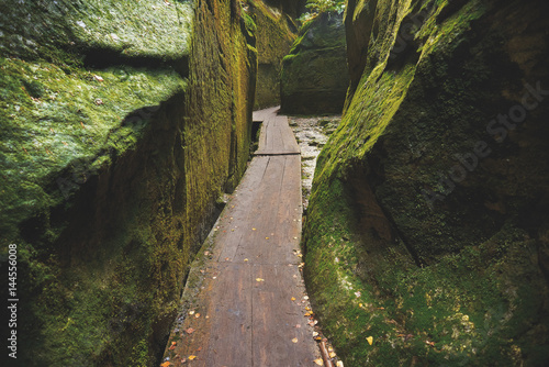 Fantastic view of the wooden footbridge run between wallsf of green canyon Siberia. Teplice-Adrspach Rock Town. Czech Republic. Artistic picture. Beauty world.