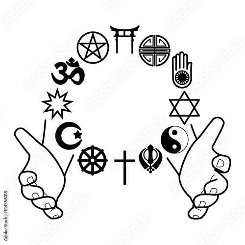 hands with combination of religious symbols. Symbols of major religions in the world.  photo