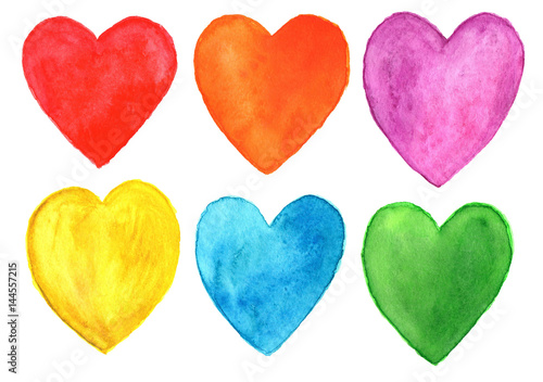 Isolated colorful hearts in watercolor