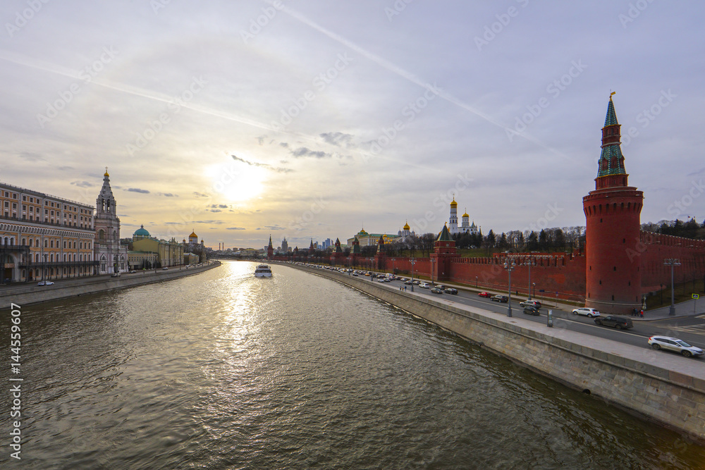 Moscow, Russia - March, 26, 2017: Moscow river embankment in a center of Moscow Moscow, Russia - March, 26, 2017: Moscow river embankment in a center of Moscow