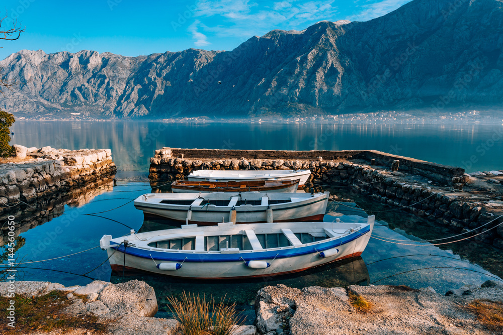 Ships and boats in the Bay of Kotor in Montenegro.