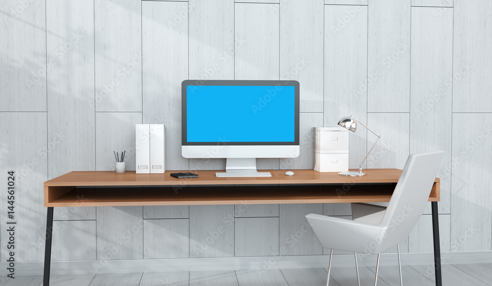Modern workplace interior with computer and devices 3D rendering Modern workplace interior with computer and devices 3D rendering