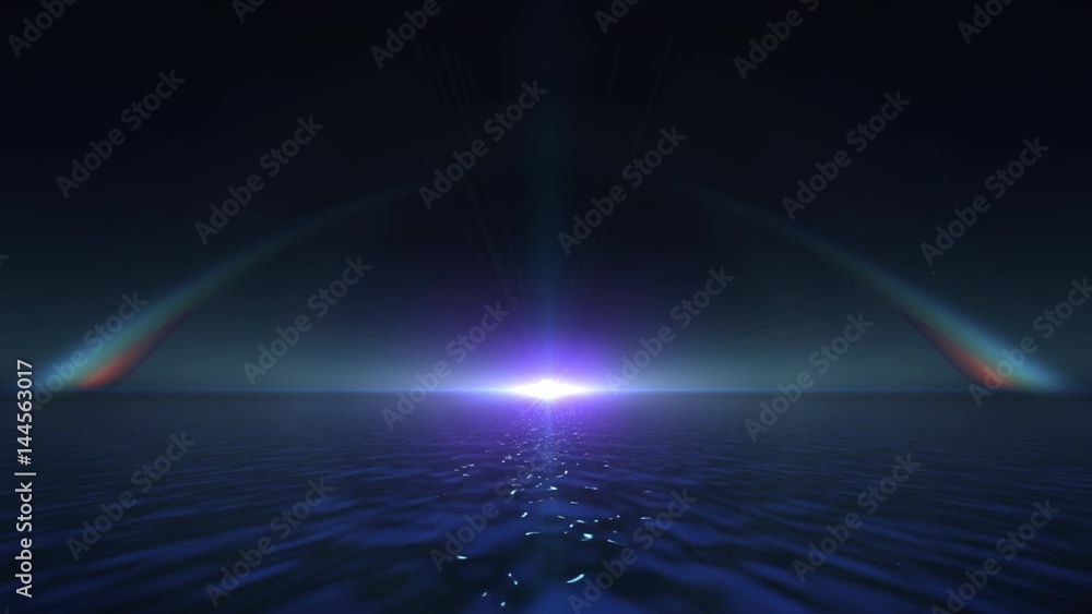 Beacon of light over calm waters and rainbow