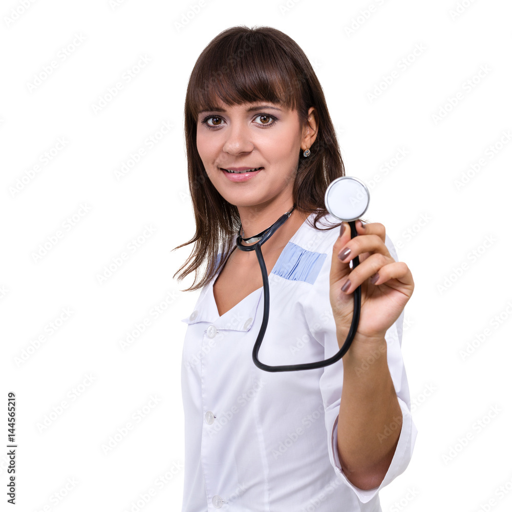 Portrait of a friendly female doctor with stethoscope isolated on white Portrait of a friendly female doctor with stethoscope isolated on white