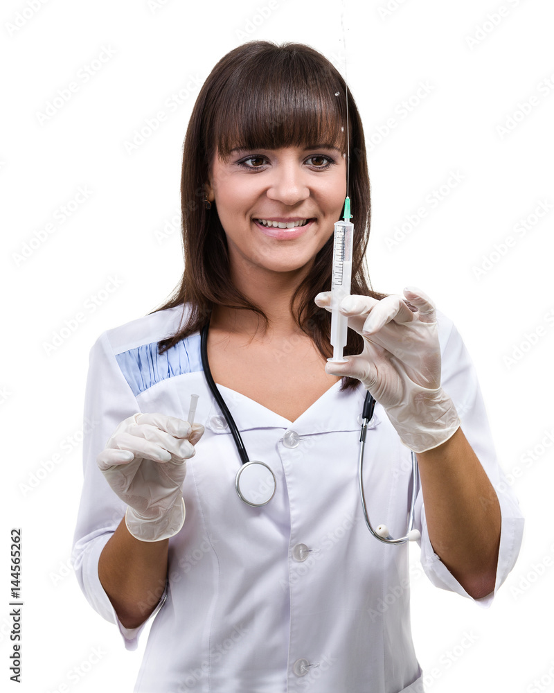 Doctor or nurse in lab coat holding syringe. Isolated on white. Doctor or nurse in lab coat holding syringe. Isolated on white.
