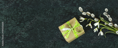 Snowdrop flowers, willow branches and giftbox on Verde Guatemala marble surface