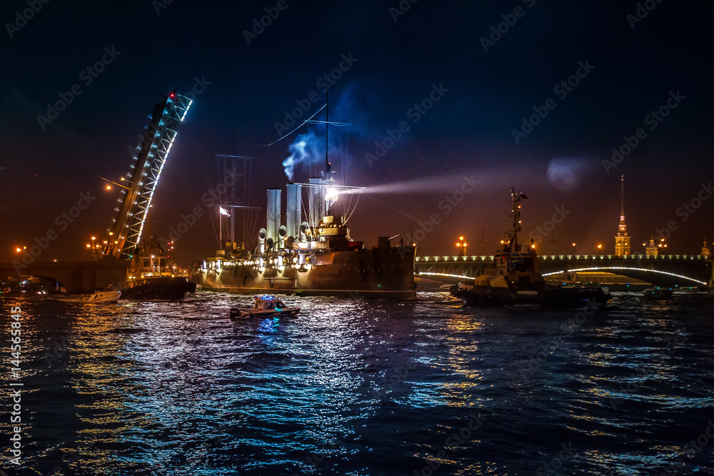 Cruiser Aurora. Trinity Bridge. Divorced bridges. St. Petersburg.