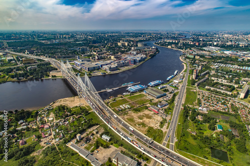 A view of the city from the air. Neva River. St. Petersburg. Cable-stayed bridge.