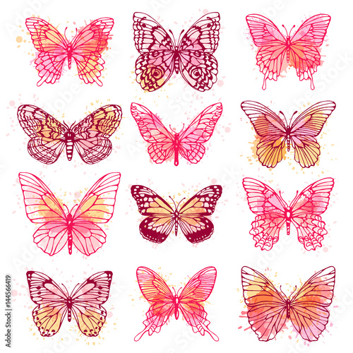 Set of illustrations illustration with butterflies. Freehand drawing