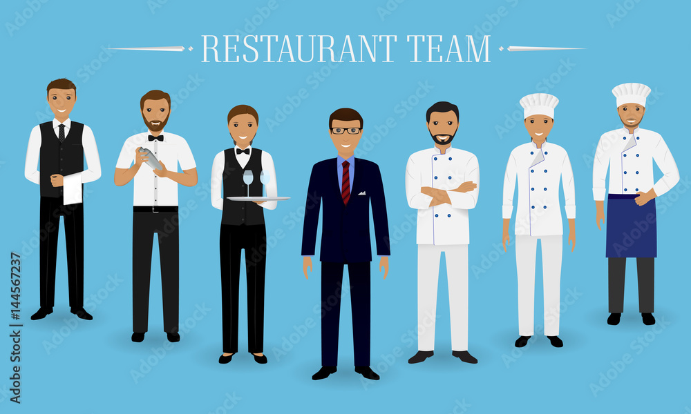 Restaurant team concept. Group of characters standing together: manager, chef, cook, two waiters and barman in uniform. Restaurant team concept. Group of characters standing together: manager, chef, cook, two waiters and barman in uniform.