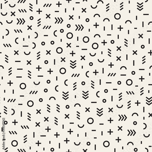 Retro geometric line shapes seamless patterns. Abstract jumble textures. Black and white scattered shapes © Samolevsky