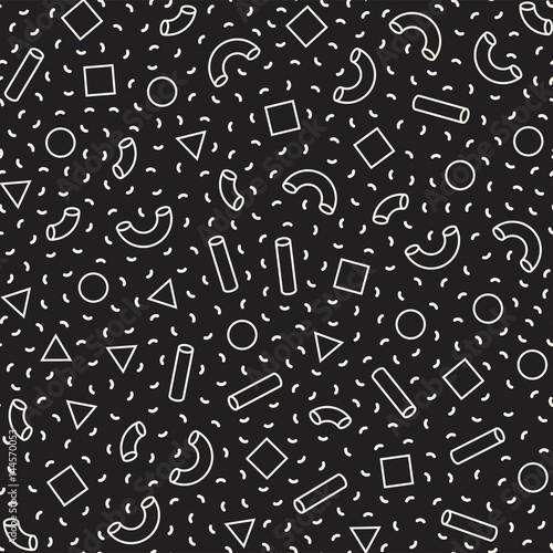 Seamless primitive jumble minimalism patterns. Randomly scattered geometric shapes. Abstract retro backgroun