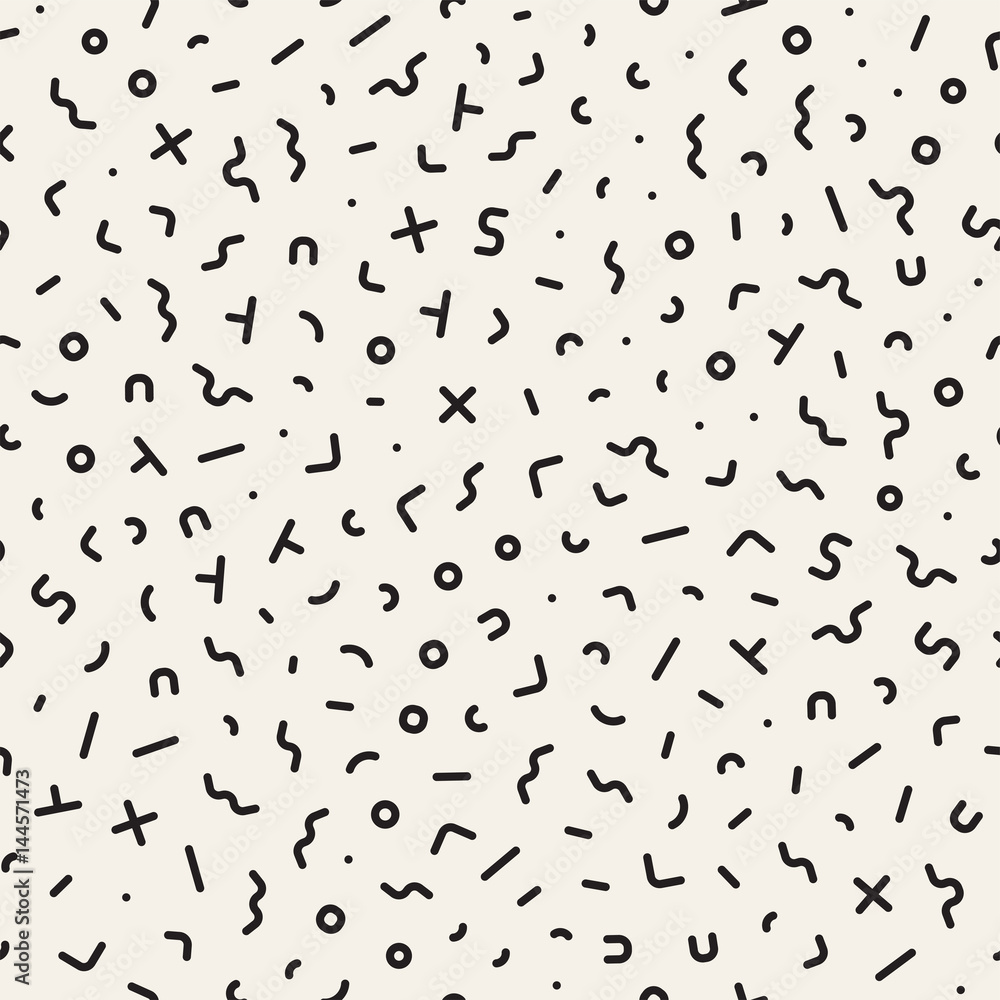 Scattered Geometric Shapes. Inspired by Memphis Style. Abstract Background Design. Vector Seamless Black and White Irregular Pattern. Scattered Geometric Shapes. Inspired by Memphis Style. Abstract Background Design. Vector Seamless Black and White Irregular Pattern.