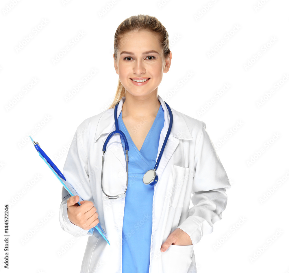 Female doctor with clipboard on white background Female doctor with clipboard on white background