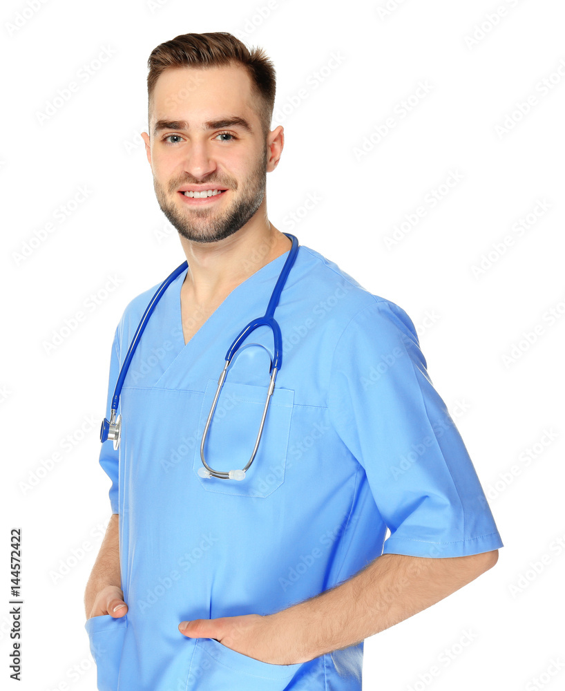 Young medical assistant with stethoscope on white background Young medical assistant with stethoscope on white background
