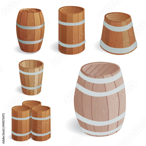 Wooden barrel vintage old style oak storage container and brown isolated retro liquid beverage object fermenting distillery cargo drum lager vector illustration.