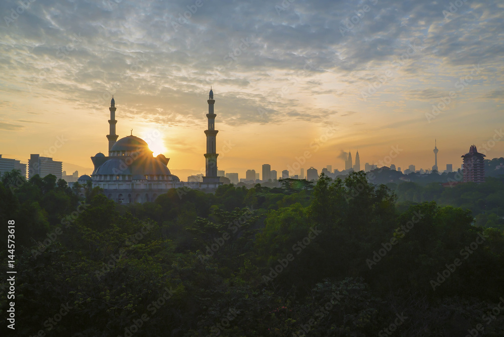 Majestic sunrise at Kuala Lumpur Federal Territory Mosque (Masjid Wilayah Persekutuan)