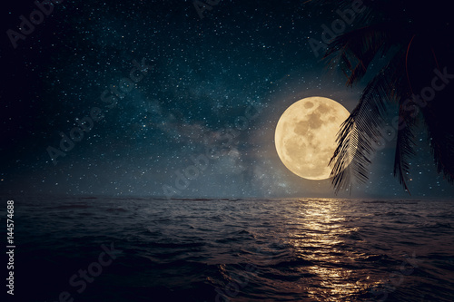 Obraz na płótnie Beautiful fantasy tropical beach with star and full moon in night skies - Retro