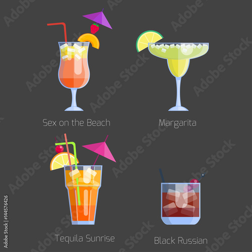 Set of alcoholic cocktails isolated fruit cold drinks tropical cosmopolitan freshness collection and party alcohol sweet tequila vector illustration.