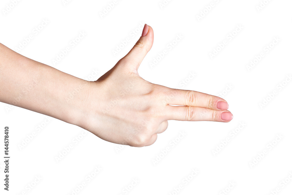 Female hands with woman's professional natursl pink nails manicure on white Female hands with woman's professional natursl pink nails manicure on white