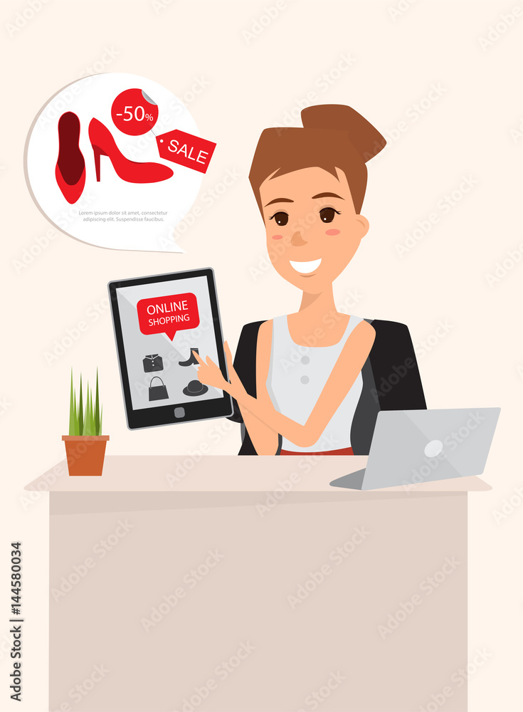 woman shopping online with a tablet. illustration vector of a flat design. woman shopping online with a tablet. illustration vector of a flat design.